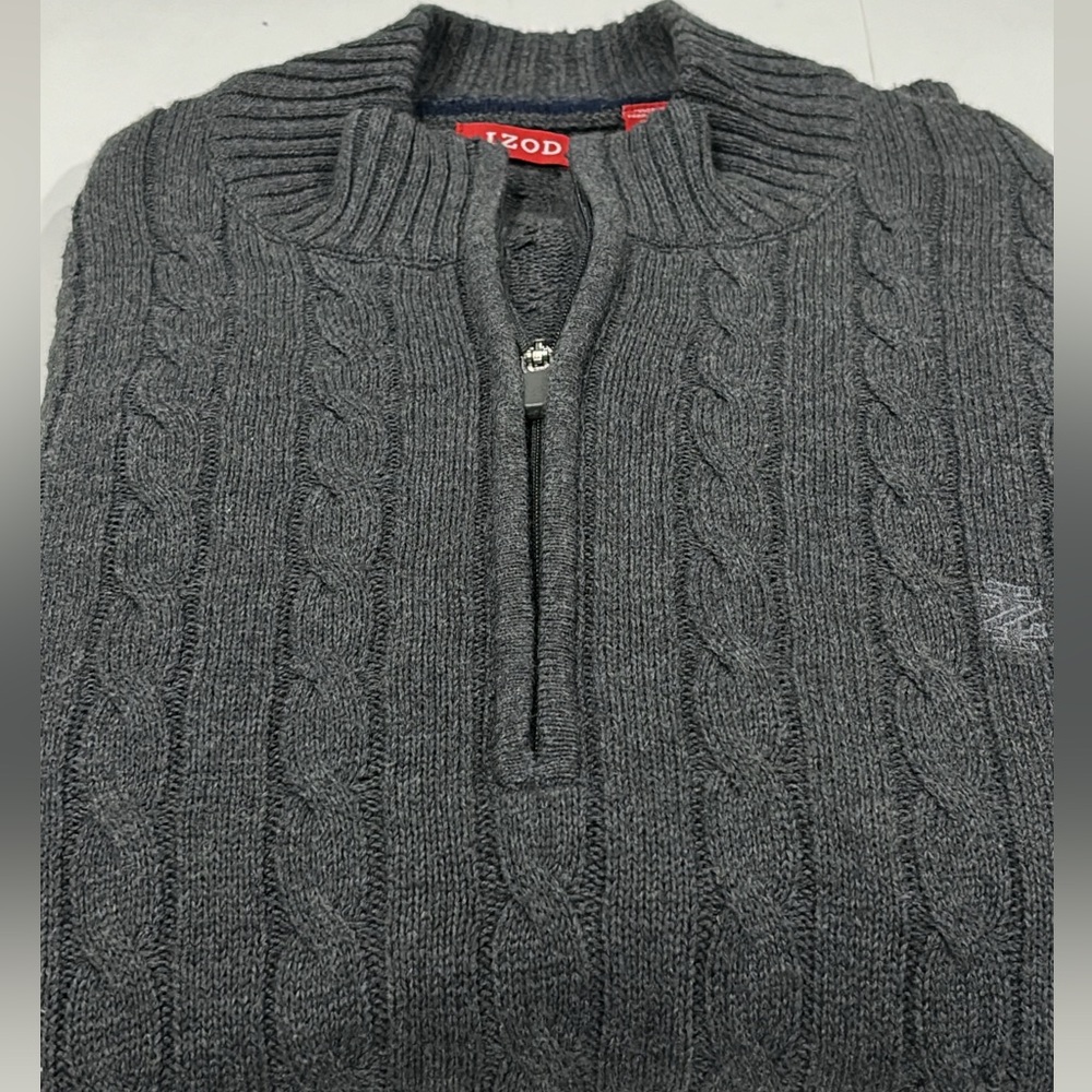 IZOD Men’s Cable Knit Sweater Size L Pull Over Quarter Zip Gray